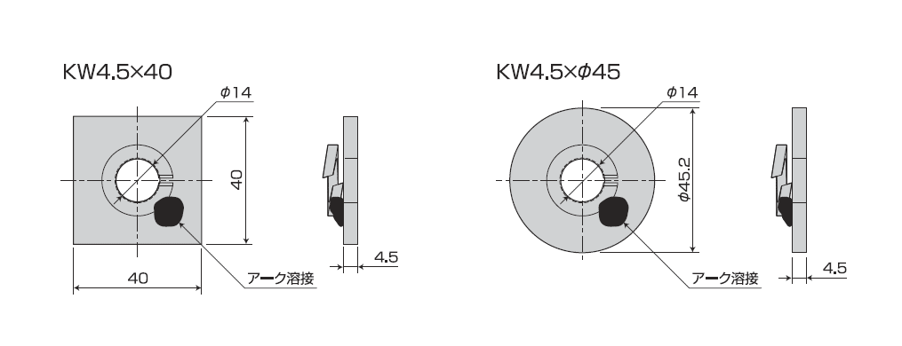 クリSW付角座金 KW4.5×40／クリSW付丸座金 KW4.5×φ45 寸法図
